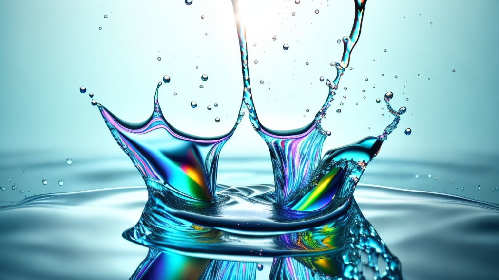 Water droplets collide, forming crown splash with colorful refractions