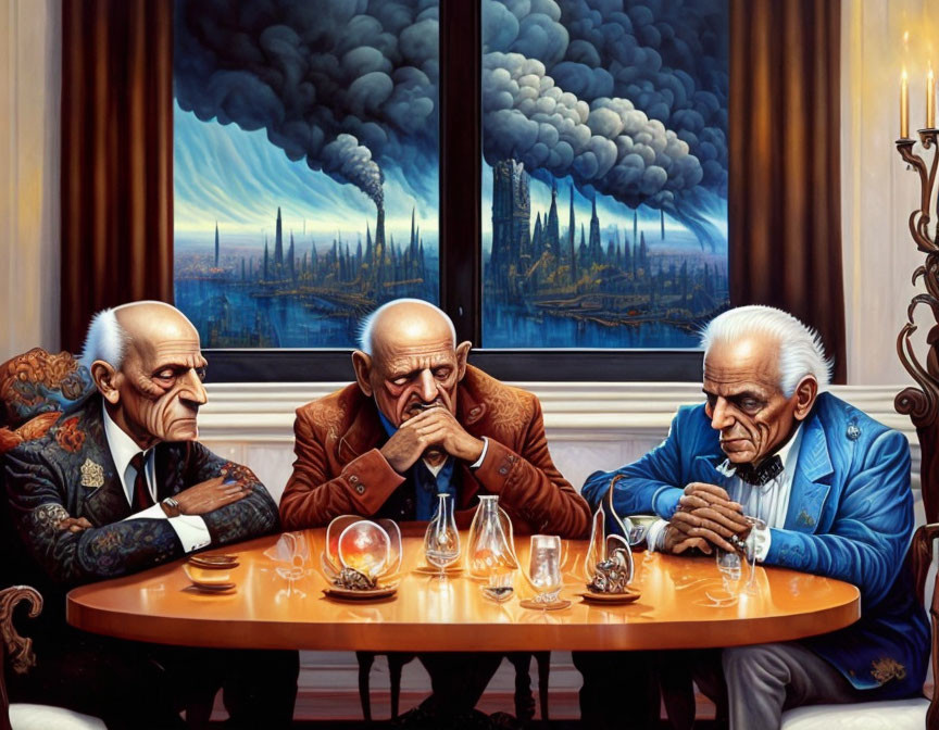 Elderly men at table with drinks in front of dystopian industrial view