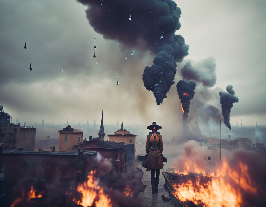 Person in hat gazes at cityscape with dark smoke and falling debris