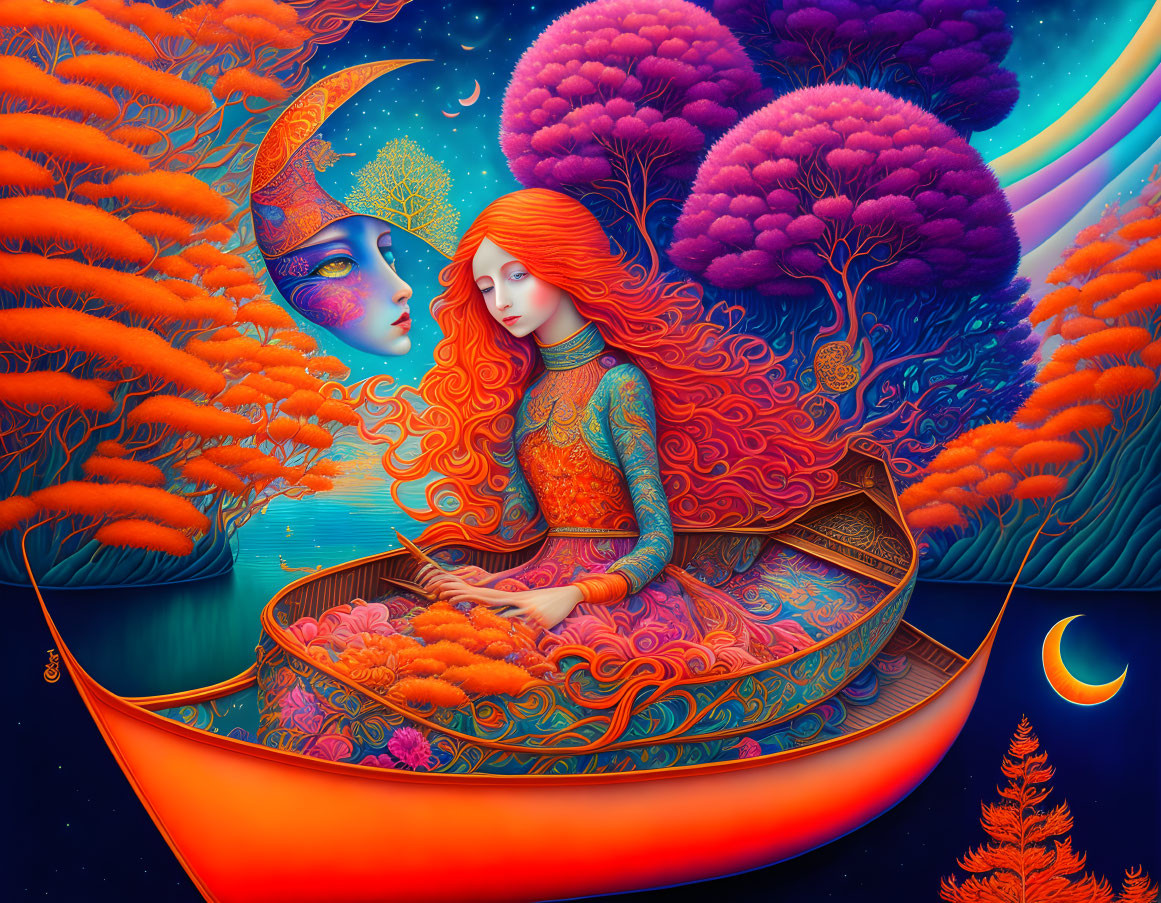 Colorful illustration: woman in boat with orange trees, celestial faces, crescent moon.