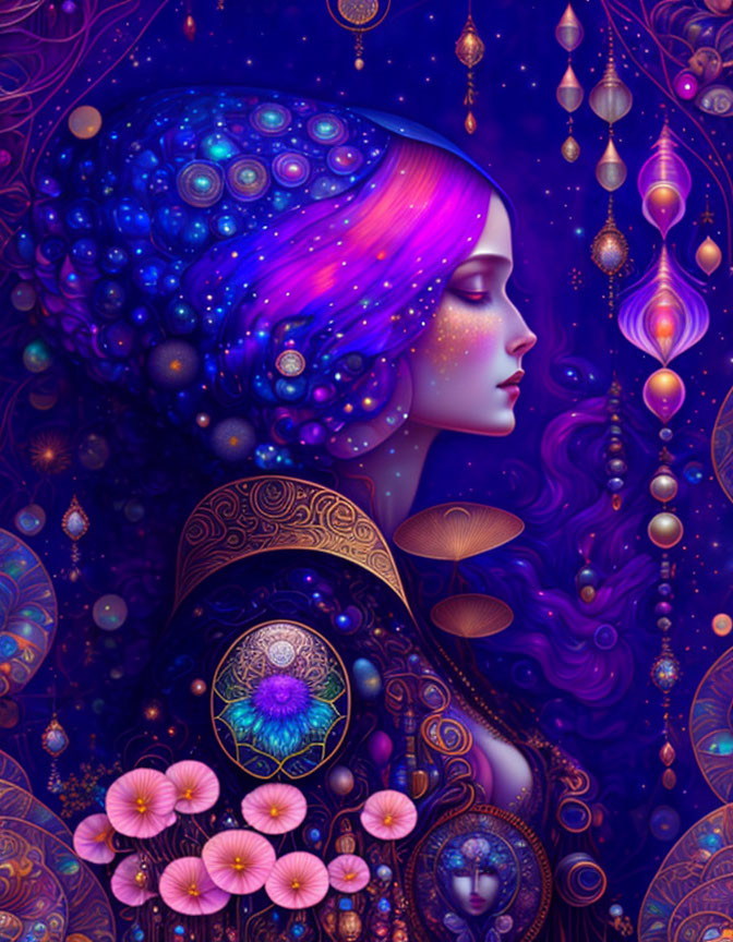 Purple-Haired Woman Surrounded by Celestial Designs