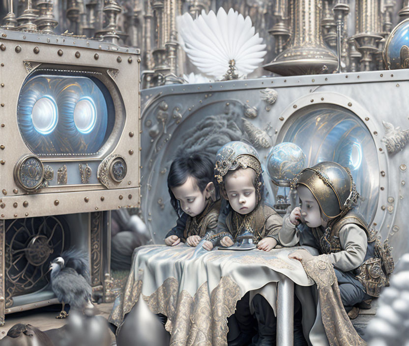 Children in ornate costumes play game amidst steampunk machinery.