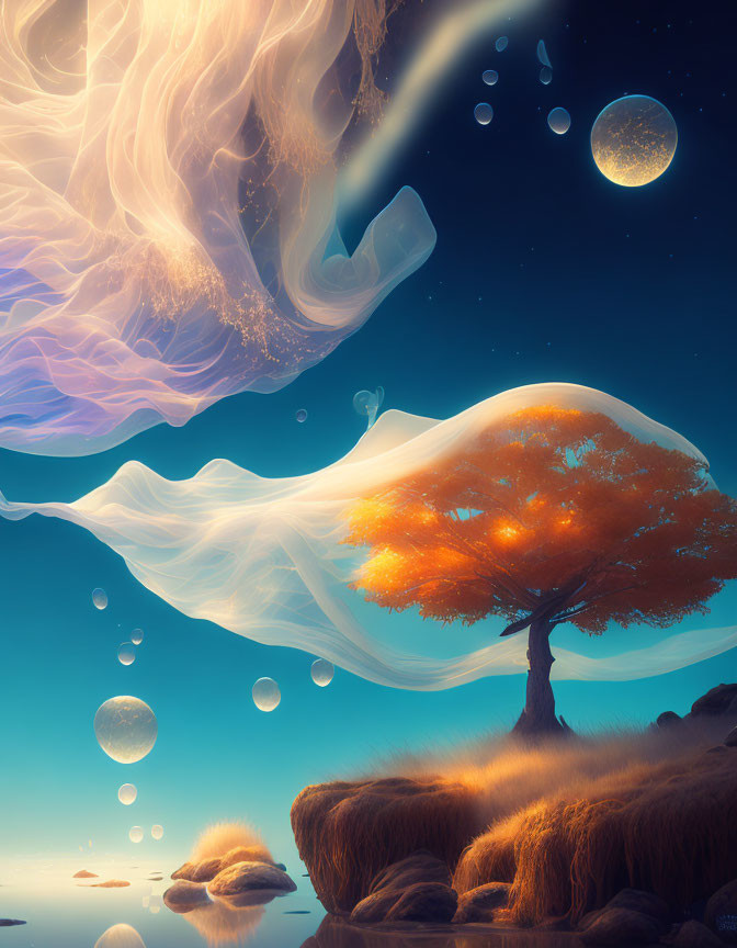 Surreal landscape featuring orange tree, ethereal fabric, orbs, and cosmic backdrop