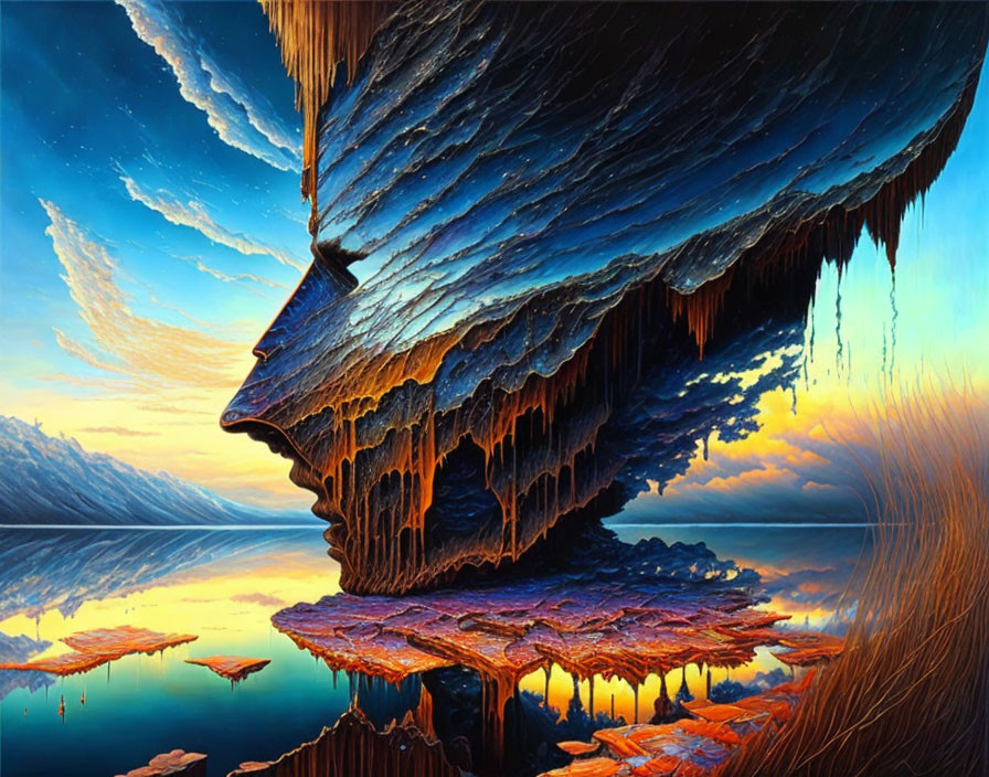 Mirrored landscape with cliff formations and vibrant sunset sky