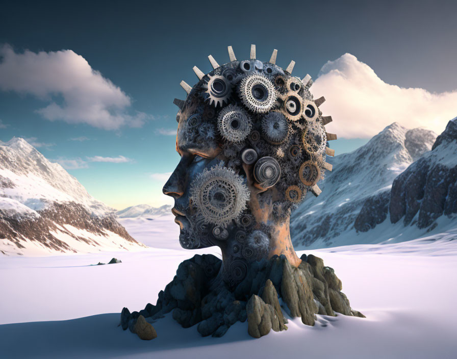 Surreal sculpture of human head with gears in snowy mountain landscape