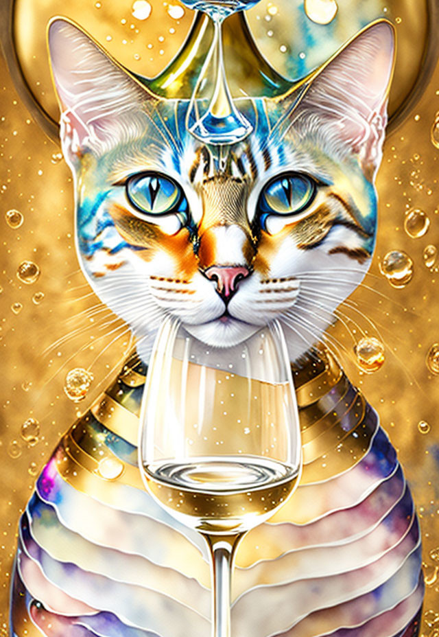 Colorful Cat Illustration with Party Hat and Champagne Glass