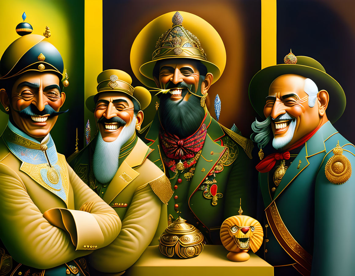 Three cartoon generals in elaborate military uniforms with medals on a golden backdrop