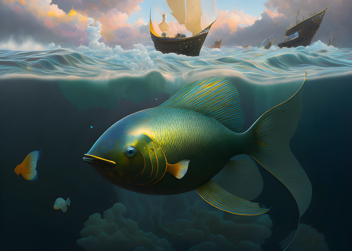 Iridescent fish swimming with sailing ships under dramatic clouds