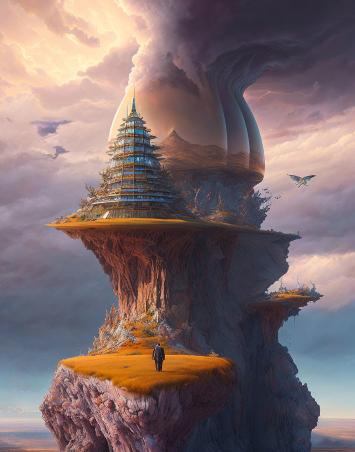 Floating pagoda and dragon in surreal landscape with dramatic sky