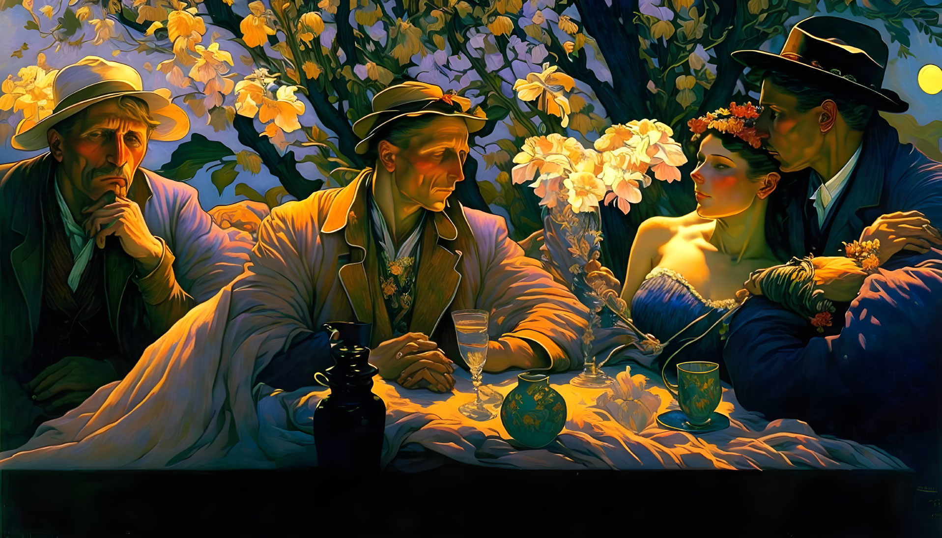 Three individuals at a table with floral decor under twilight setting