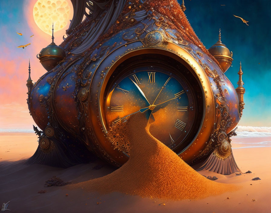 Colossal ornate clock on sandy beach under twilight sky