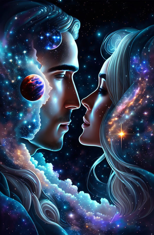 Cosmic-themed digital illustration of man and woman in profile