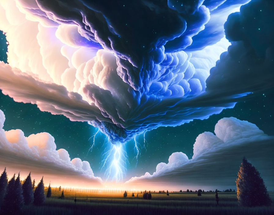 Dramatic lightning storm in starry night sky over serene landscape