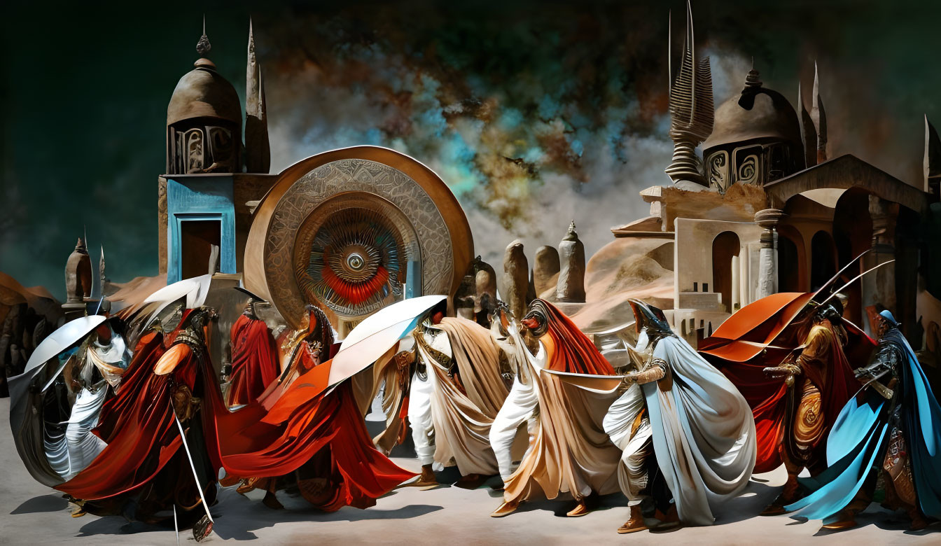 Fantasy scene: Robed figures with shields and spears in front of ancient Middle Eastern city