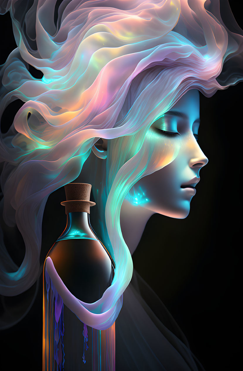 Colorful profile of a woman with flowing hair merging into smoke and a dark bottle