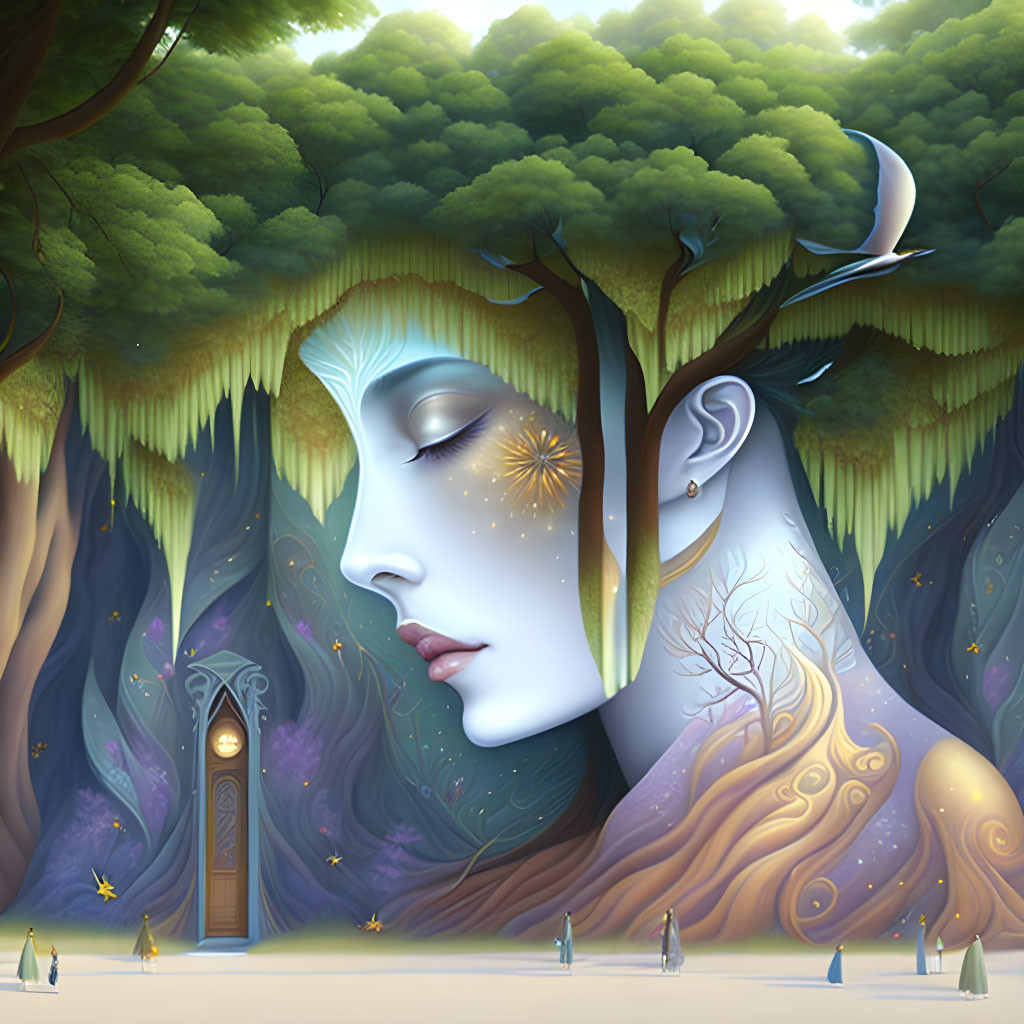 Detailed forest illustration merging with woman's profile under crescent moon