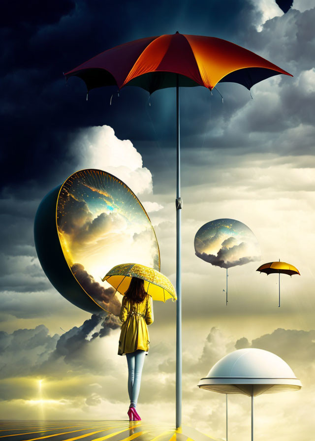 Person with yellow umbrella under surreal sky with floating umbrellas and mirror.