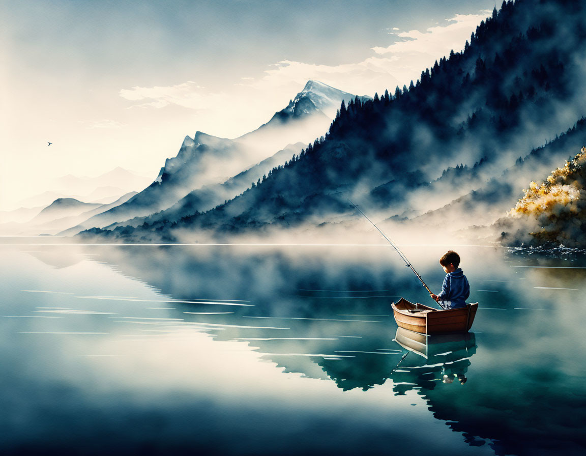 Person fishing in boat on serene lake with misty mountains, forests, and flying bird.