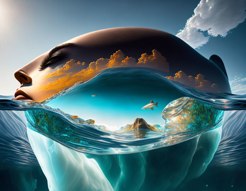 Surreal artwork: woman's face merges with oceanic landscape