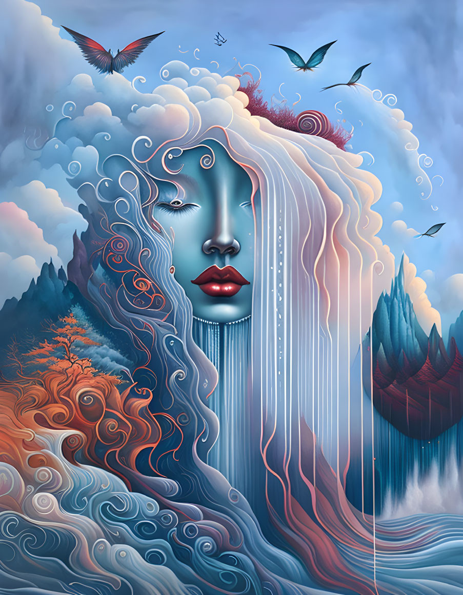 Surreal illustration of woman's face merging with whimsical landscape