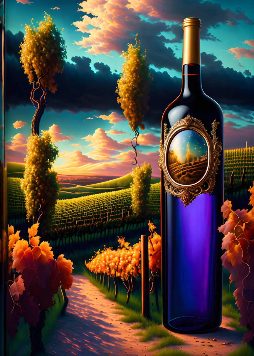 Colorful Wine Bottle Illustration with Vineyard Reflection and Sunset Sky