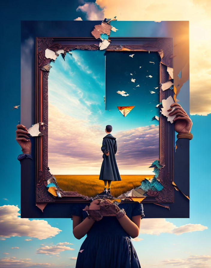 Surreal artwork: Hands holding frame, person in field, torn page, vast sky