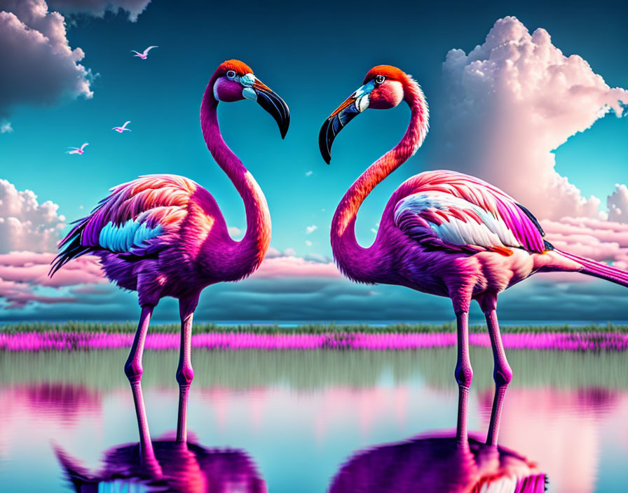 Vibrant flamingos by reflective water with pink clouds in turquoise sky