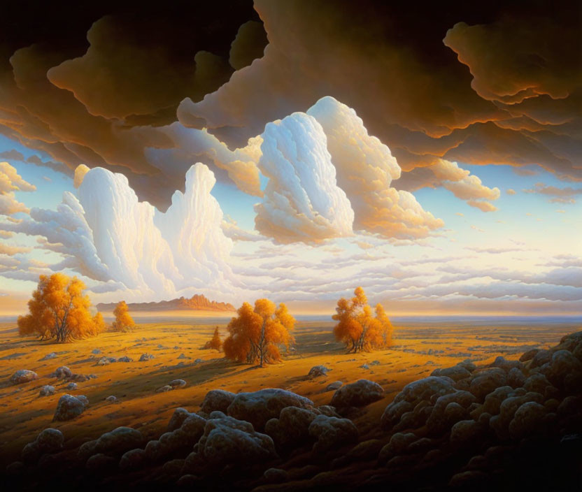 Surreal landscape with white clouds, sunlit plains, amber trees, mossy boulders