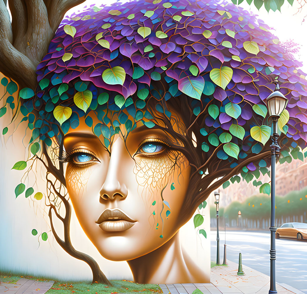 Surreal artwork: Woman's face merges with tree, hair in purple and green, next to