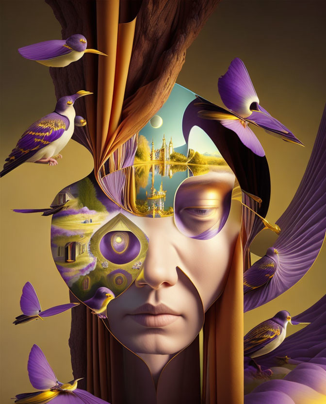 Fragmented face with purple birds in surreal artwork.