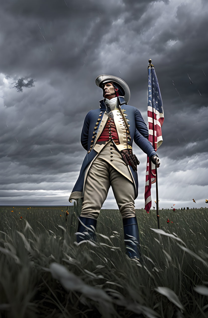 Historical American military figure with flag in stormy field