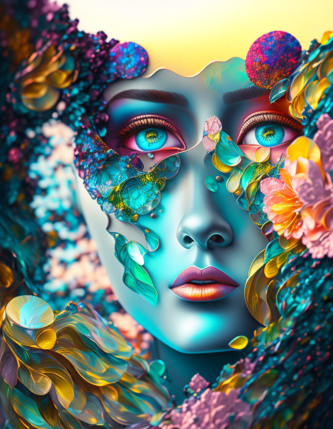 Colorful Digital Artwork: Female Face with Surreal Flora and Crystalline Details