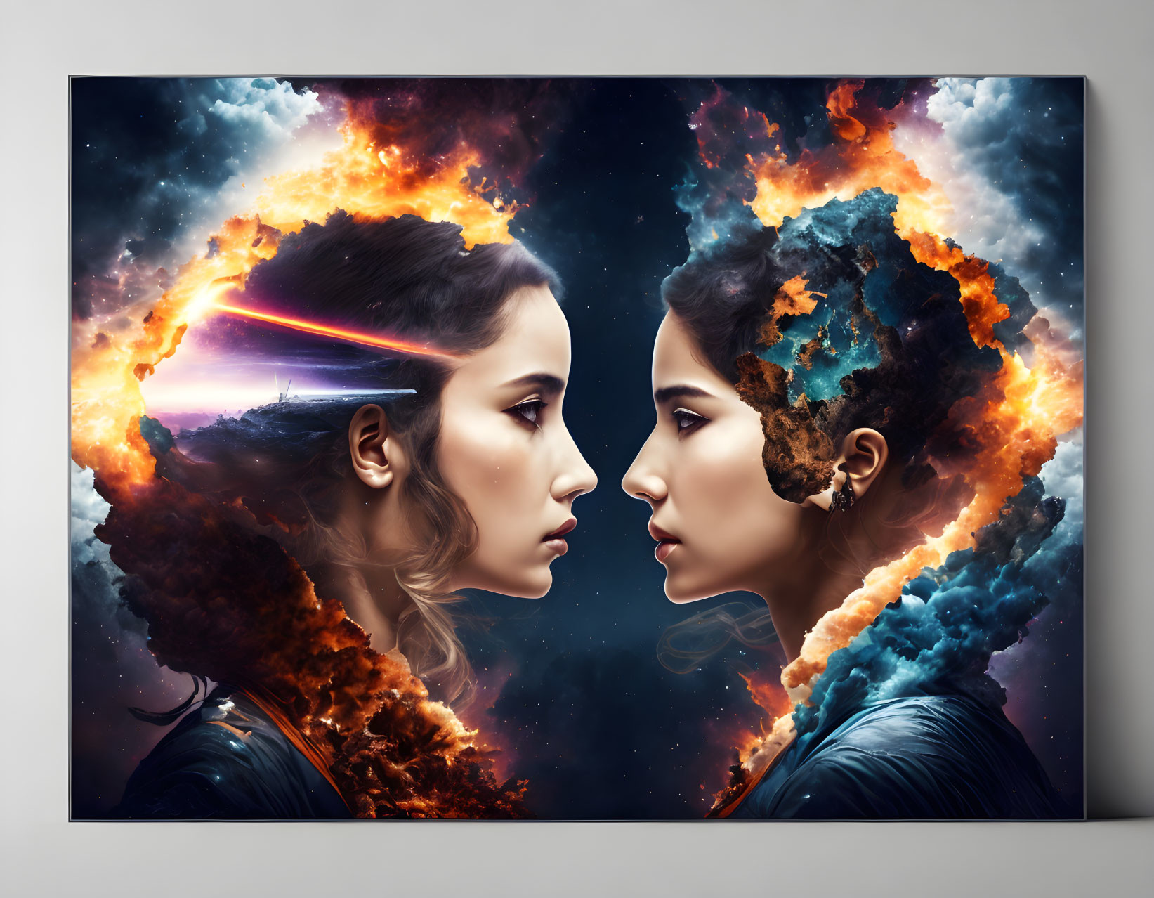 Two women's profiles in cosmic scene with fiery circular motif