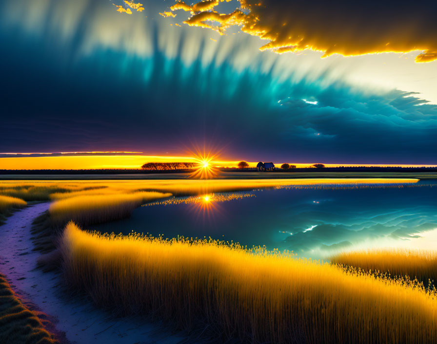 Dramatic Sunset with Radiant Beams over Calm Water