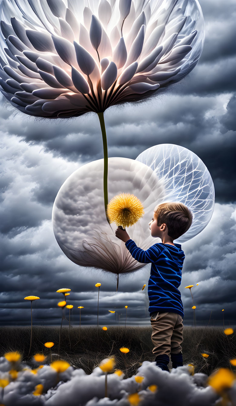 Boy in field holds dandelion with seeds transforming into giant flower against cloudy sky.