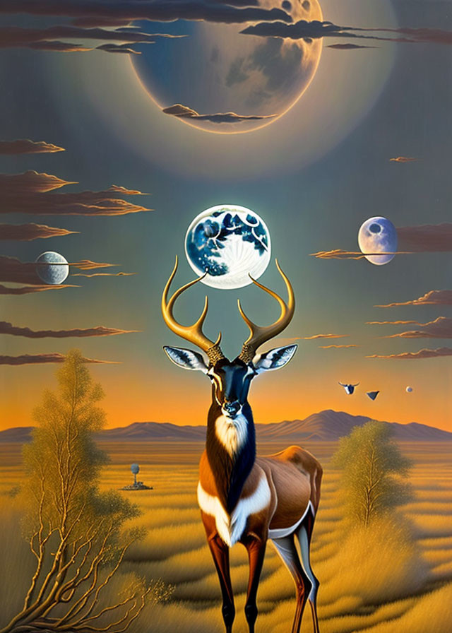 Surreal landscape with antelope, moonlit sky, and glowing world map in antlers