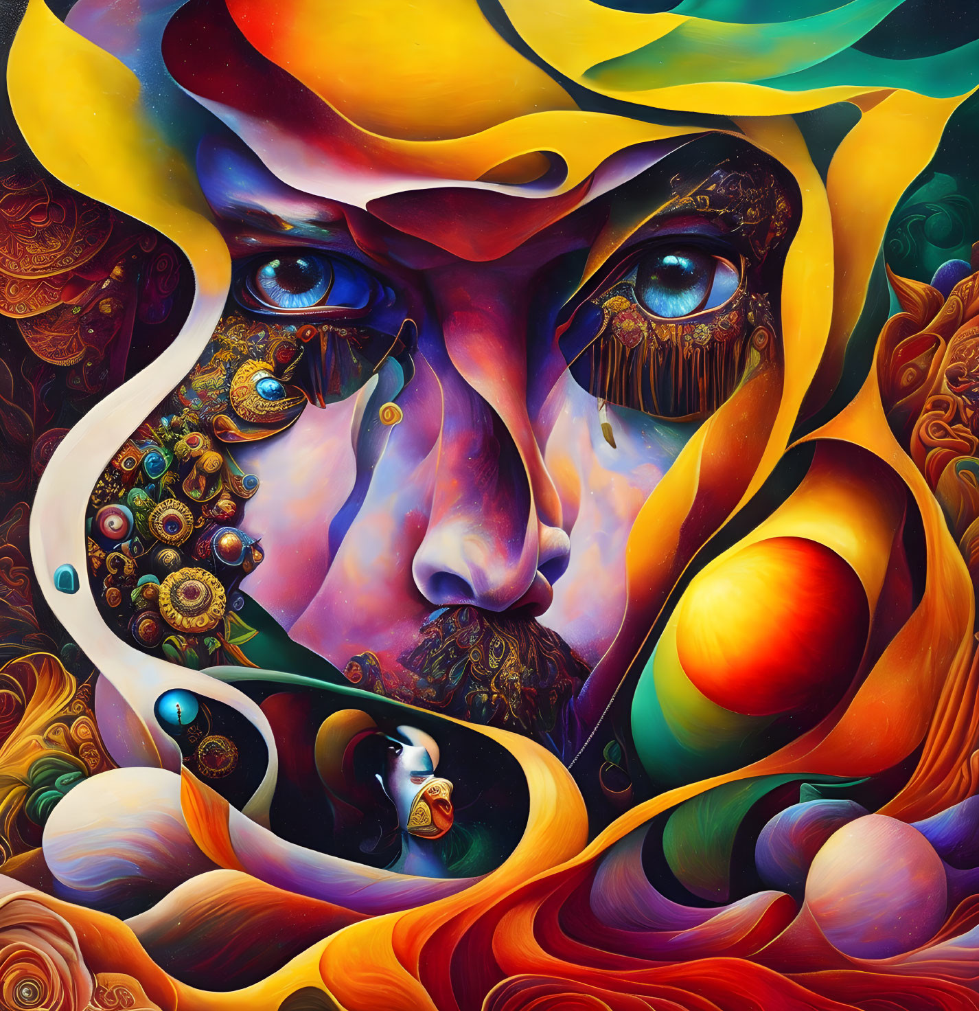 Colorful surreal artwork featuring face, swirling colors, and intricate patterns