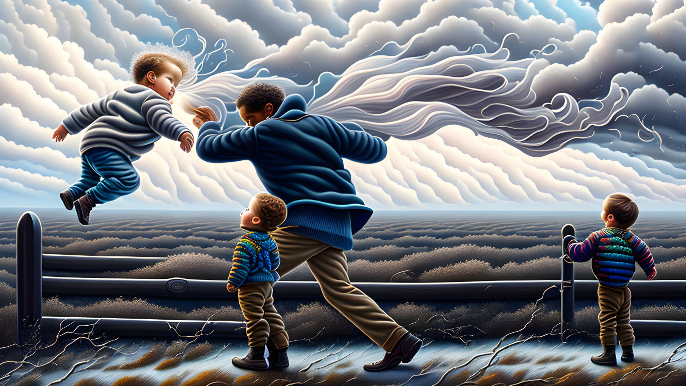 Surreal painting: man passing child in floating scene