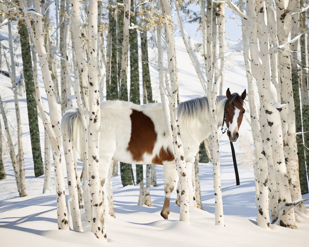 Brown and White Horse in Snow-Covered Birch Forest