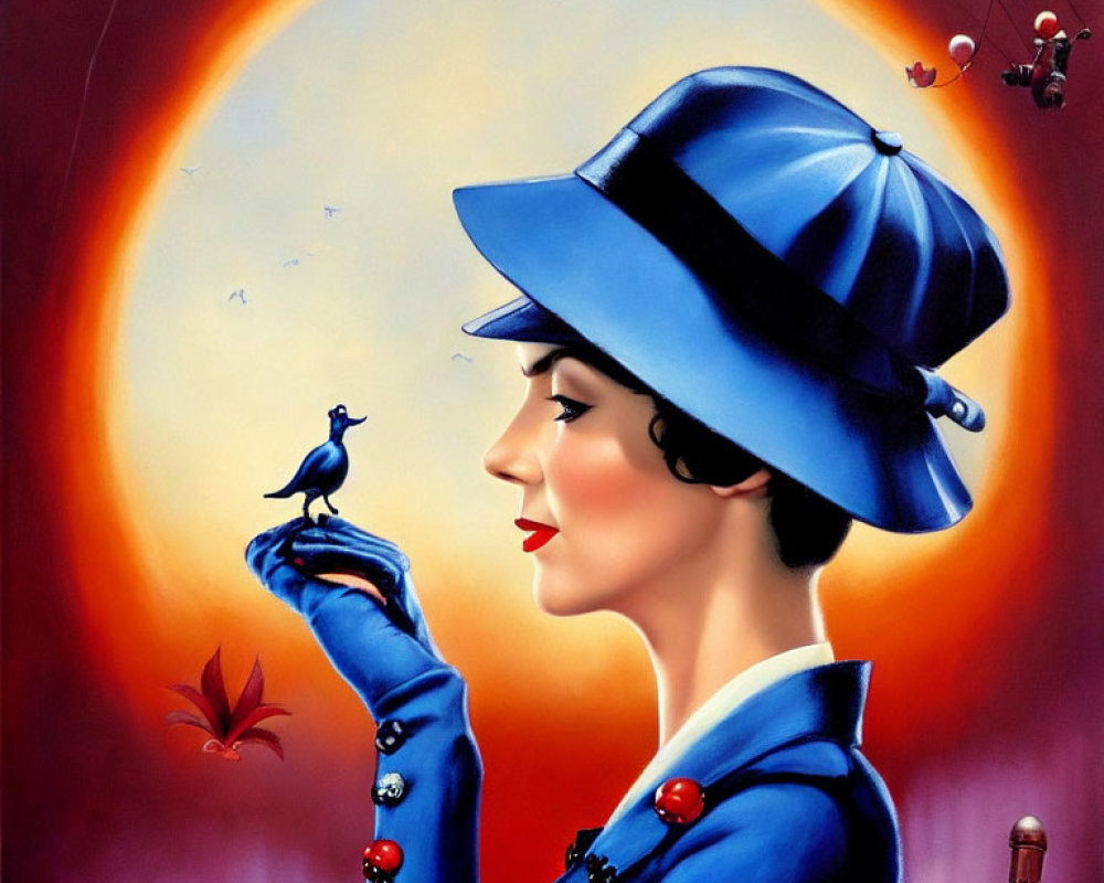 Art Deco Style Illustration of Elegant Woman in Blue Hat and Coat with Bird on Finger on Vibr