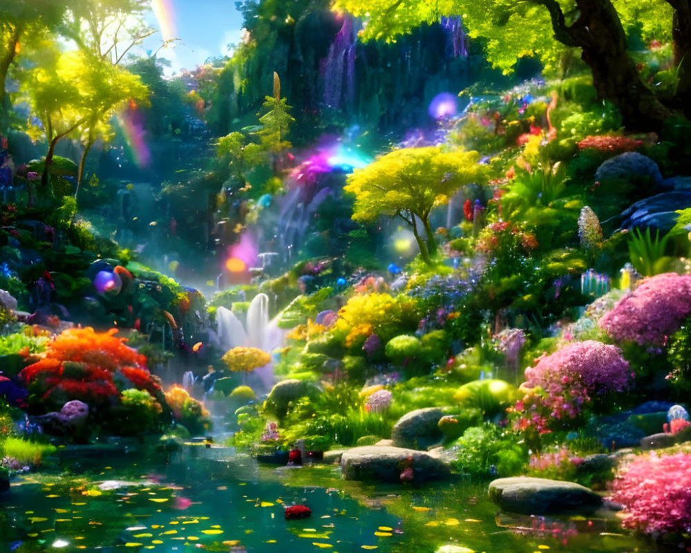 Colorful Fantasy Garden with Waterfall, Rainbow, and Glowing Orbs