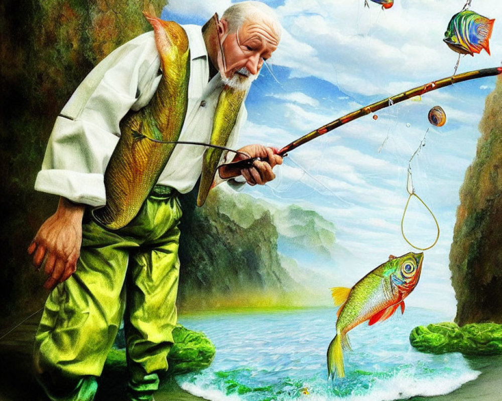 Elderly man fishing in surreal landscape with colorful fish