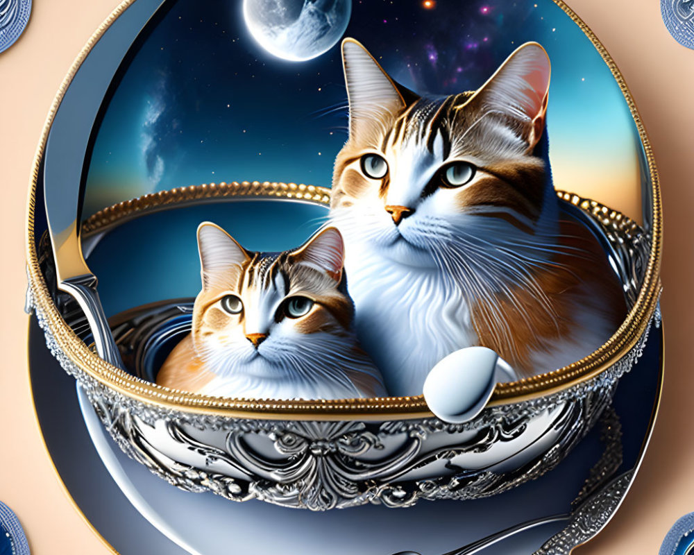 Illustrated cats in silver locket with cosmic background