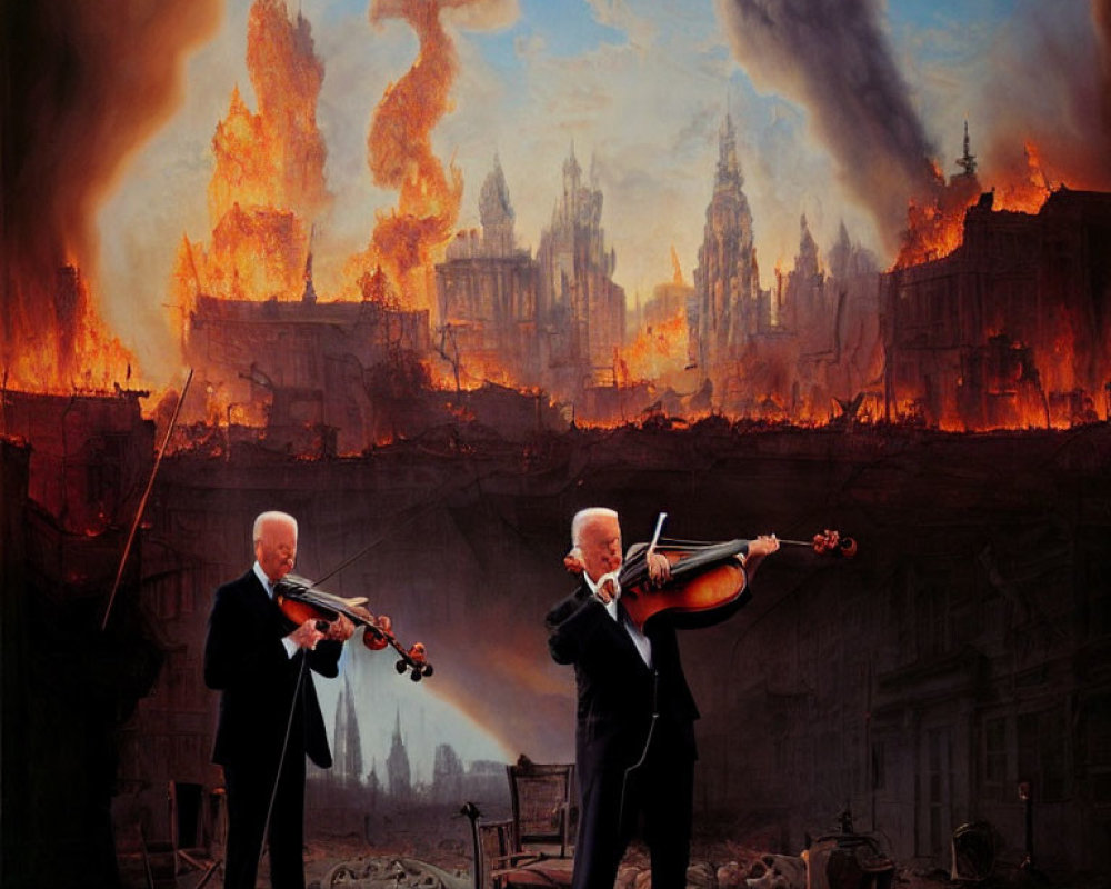 Men in suits play violins in apocalyptic cityscape with fiery buildings.