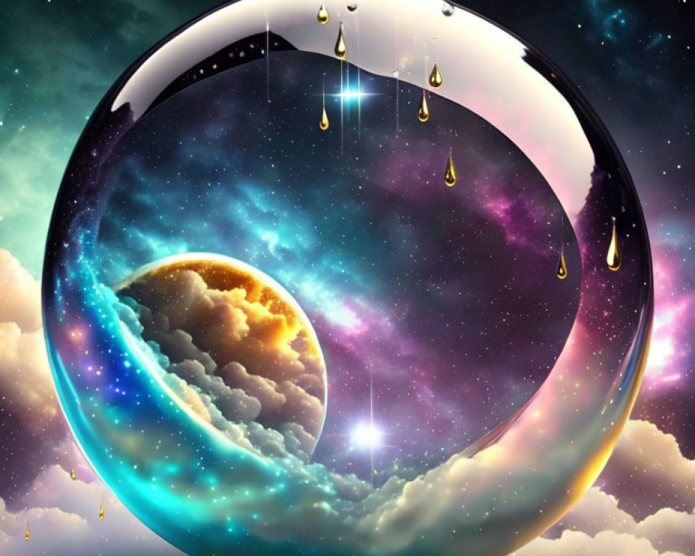 Surreal digital art: Yin-yang with cosmic elements & golden droplets