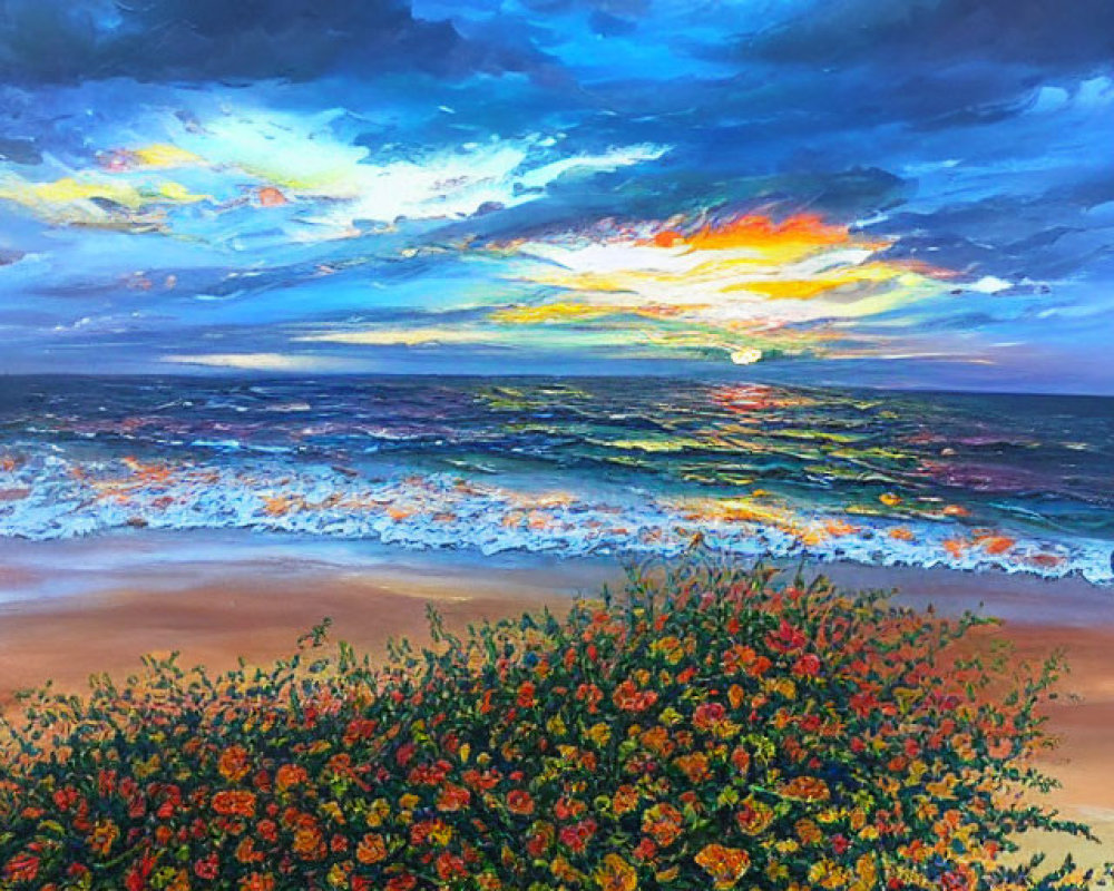 Colorful seascape painting: sunset, vibrant clouds, blue waves, orange flowers.