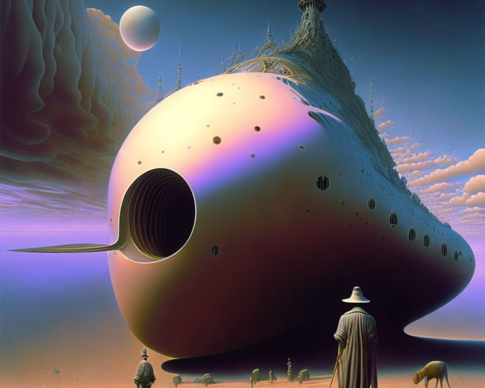 Surreal artwork: Oval structure, tower, cloaked figure, humanoids, sheep, desert