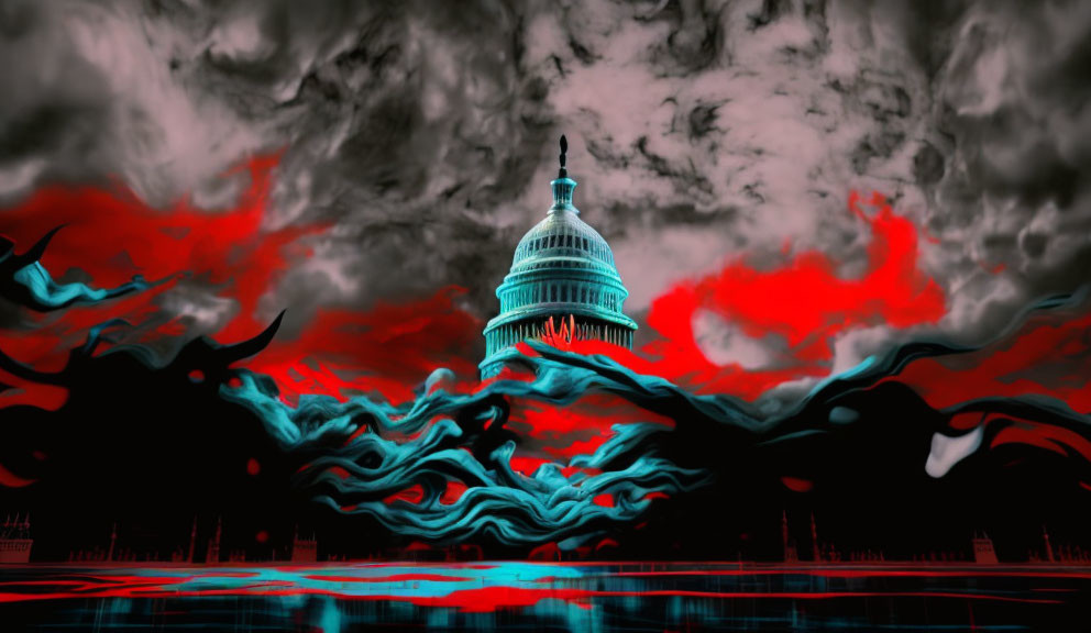 Dramatic stylized image of United States Capitol under red and black sky