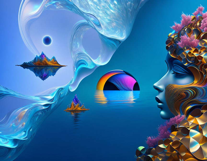 Profile of woman with headdress, floating islands, dynamic water effects