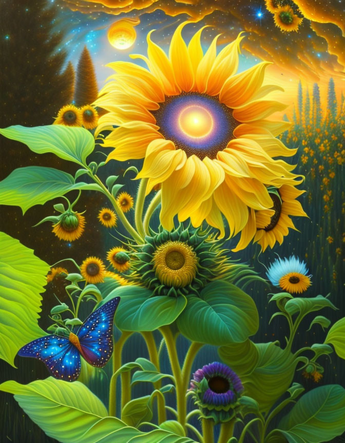 Colorful sunflower field painting with butterfly under starry sky